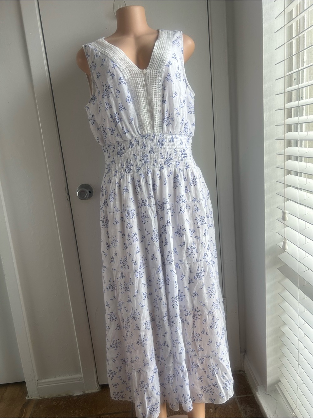 J. Jill White Maxi Dress with Blue Floral Print